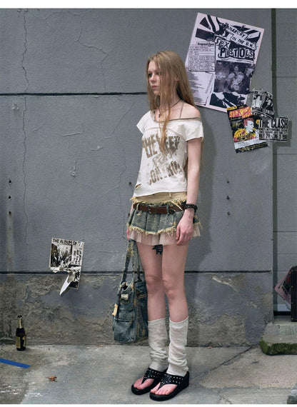 Cest Nous Layered Denim Mini Skirt - Distressed Patchwork Skirt With Belt