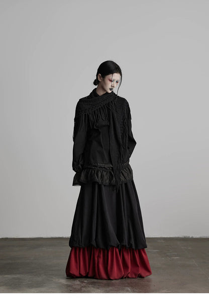 Black Patchwork Faux Two-piece A-line Skirt