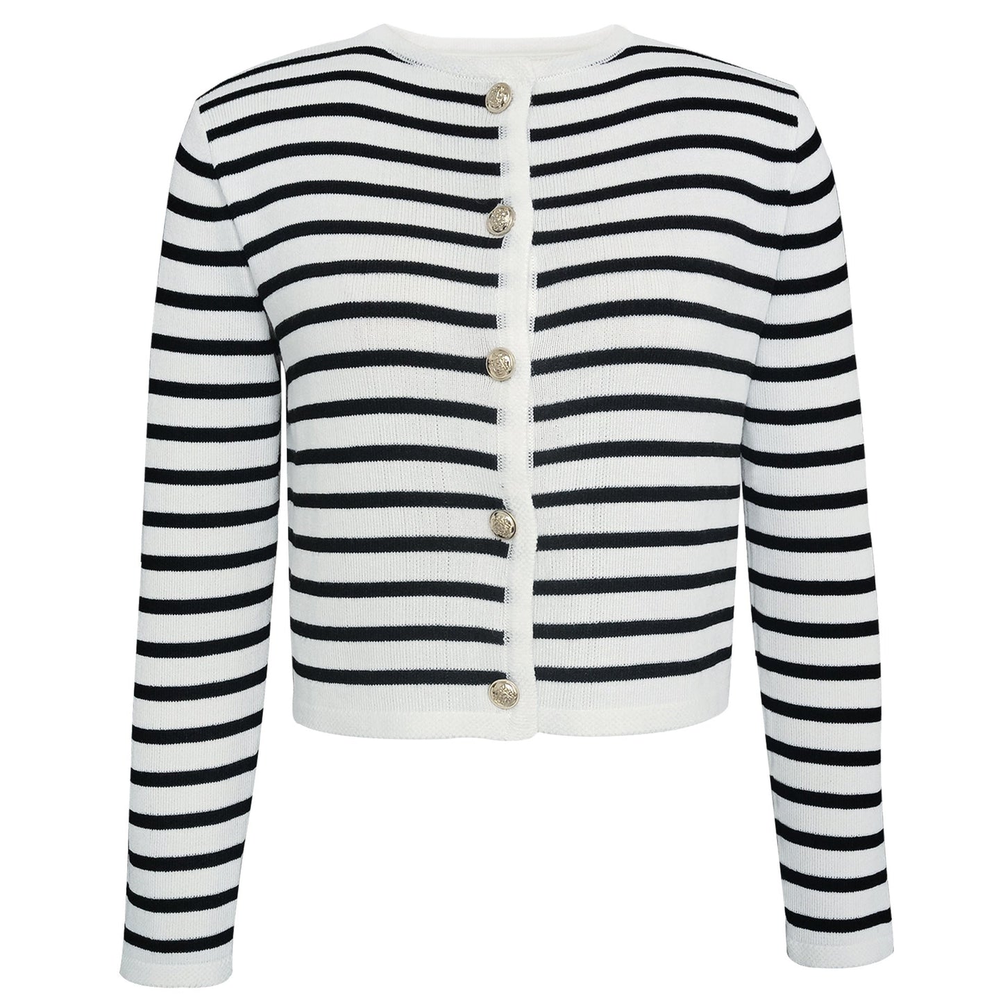 Clothing Striped Round Neck Knitted Cardigan Sweater