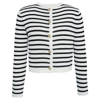 Clothing Striped Round Neck Knitted Cardigan Sweater