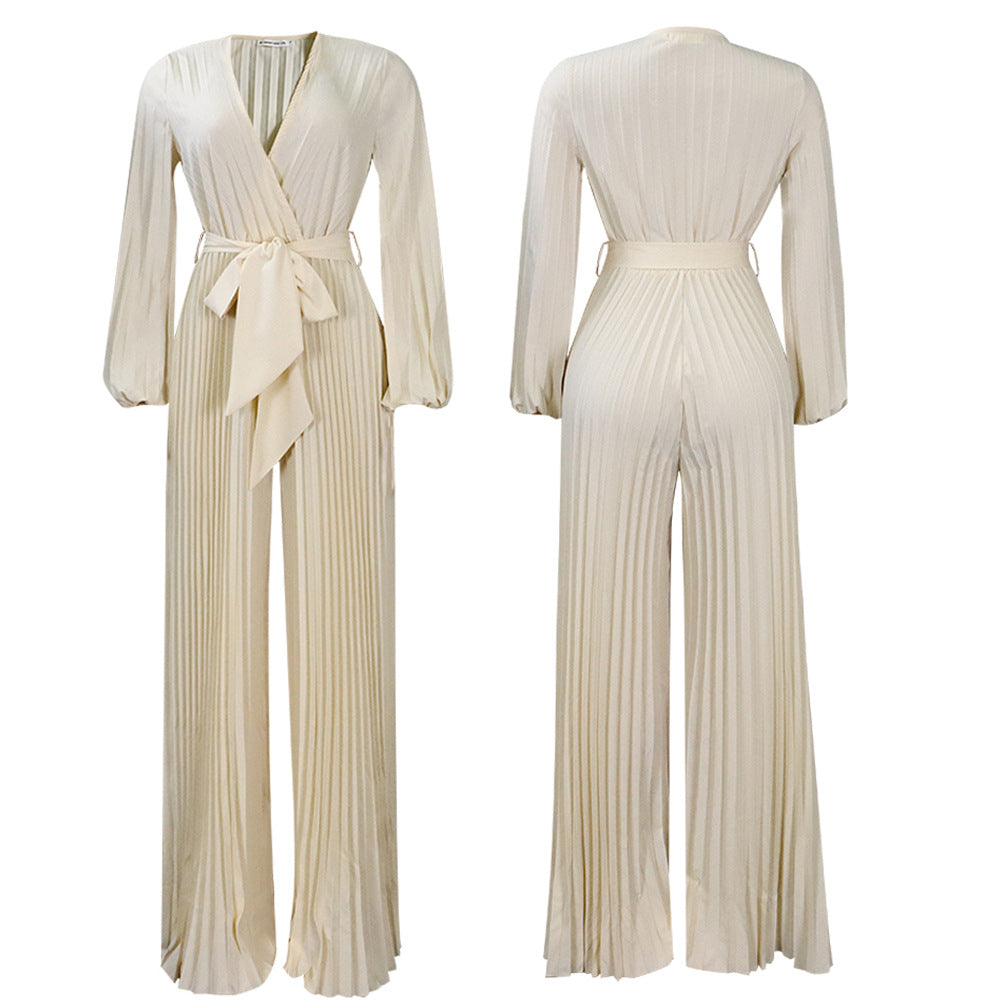 Summer V Neck Lace Up Pleated Wide Leg Jumpsuit