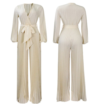 Summer V Neck Lace Up Pleated Wide Leg Jumpsuit