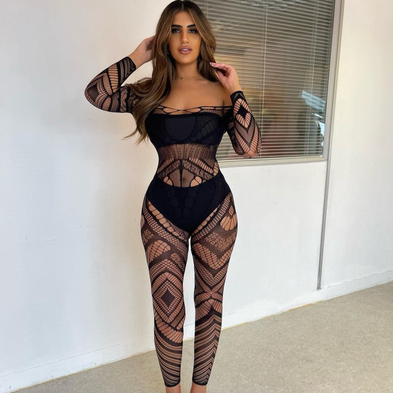Summer Temptation Sheer Mesh Long Sleeve Sheath Jumpsuit