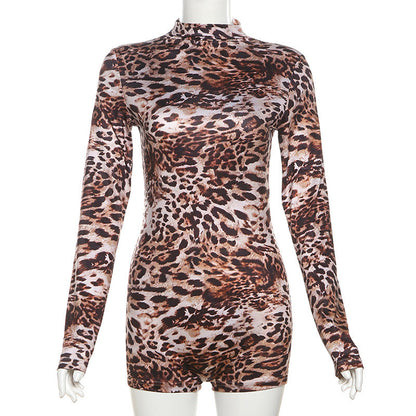 Fall Clothing Trend Round Neck Long Sleeve Leopard Print Close Fitting Slim Fitting Jumpsuit
