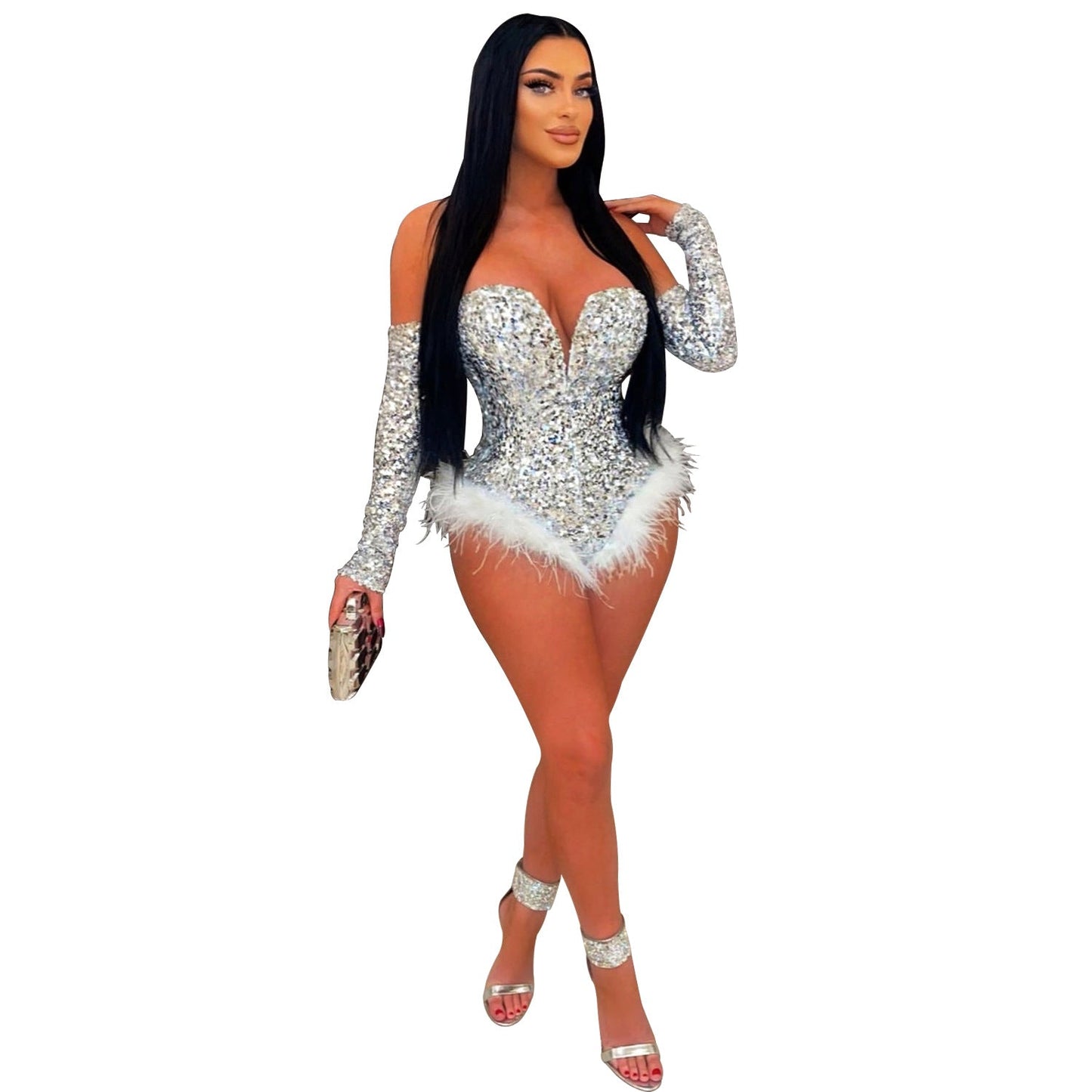 Wear Color Sequin Long Sleeve Shorts Jumpsuit
