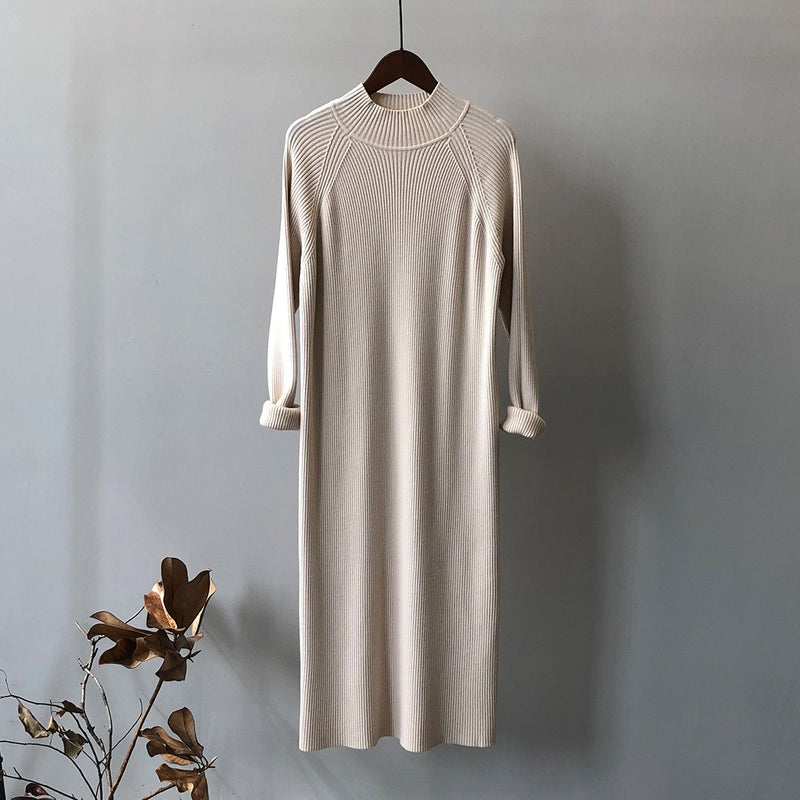 Knitted Dress Winter Half Turtleneck Bottoming Sweater Mid Length Overknee Dress