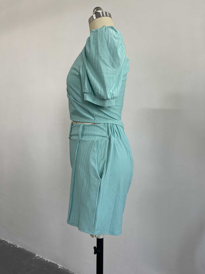 Puff Sleeve Short Shirt High Waist Shorts With Belt Coord Set