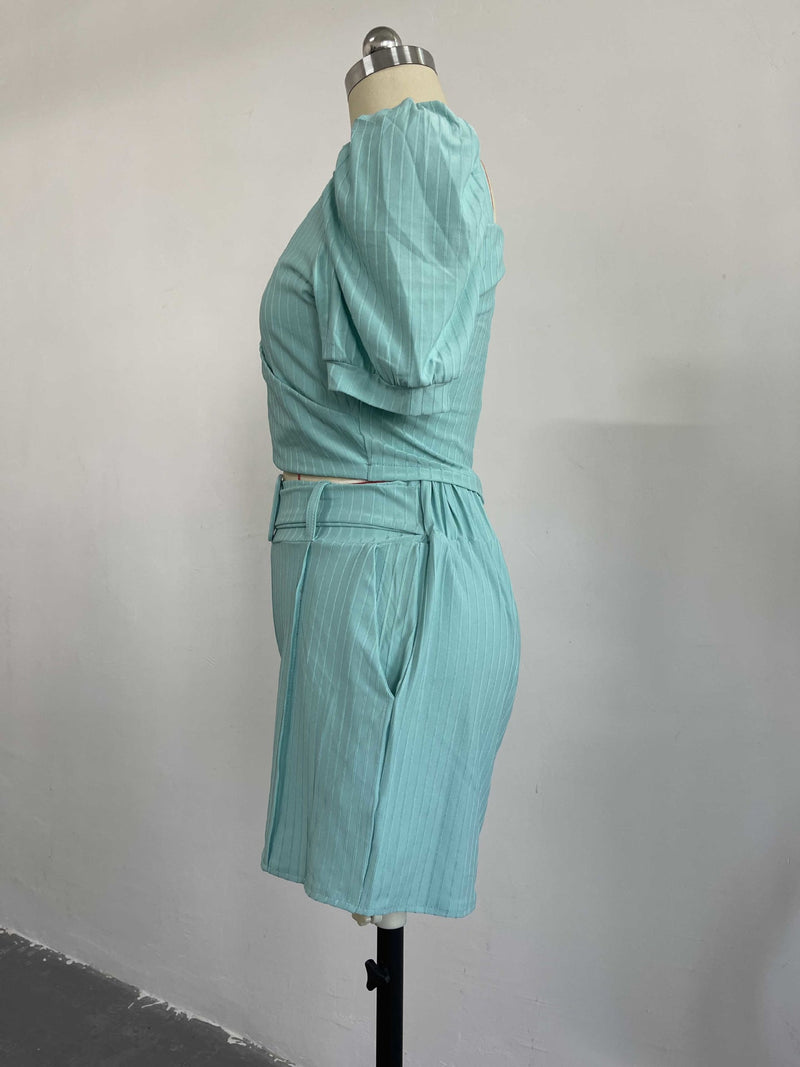 Puff Sleeve Short Shirt High Waist Shorts With Belt Coord Set
