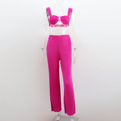 Clothing Spring Summer Two Piece Suit Pleated Backless Vest Straight Pants Suit for