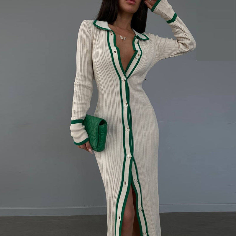 Slim Collared Patchwork Long Sleeved Cardigan Dress