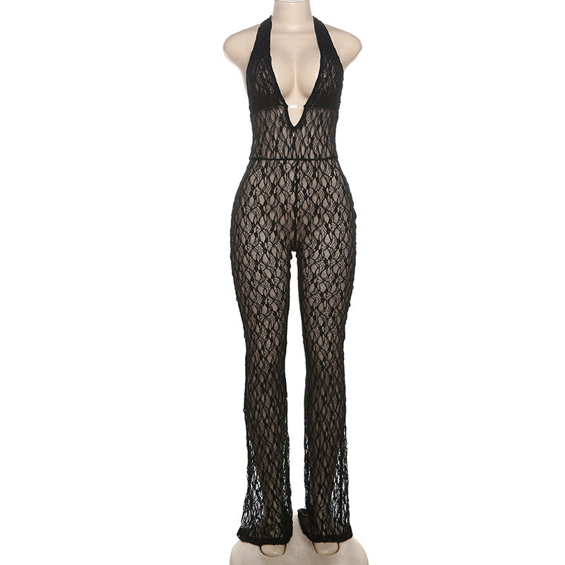 Fall Clothing Halter Deep V Plunge Neck Lace See Through Lace Up Backless Jumpsuit
