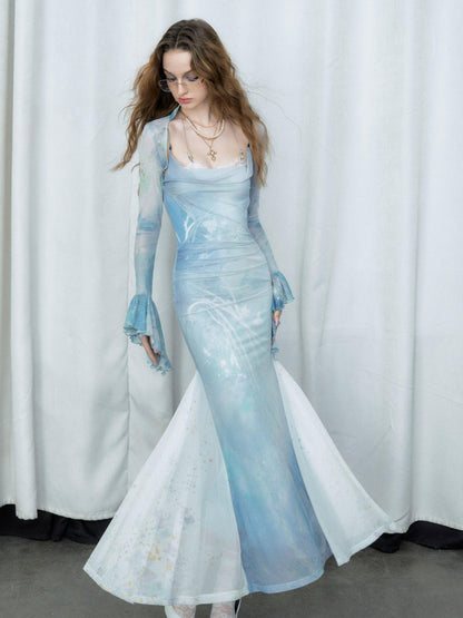 Sky Blue Watercolor Mermaid Maxi Dress Set