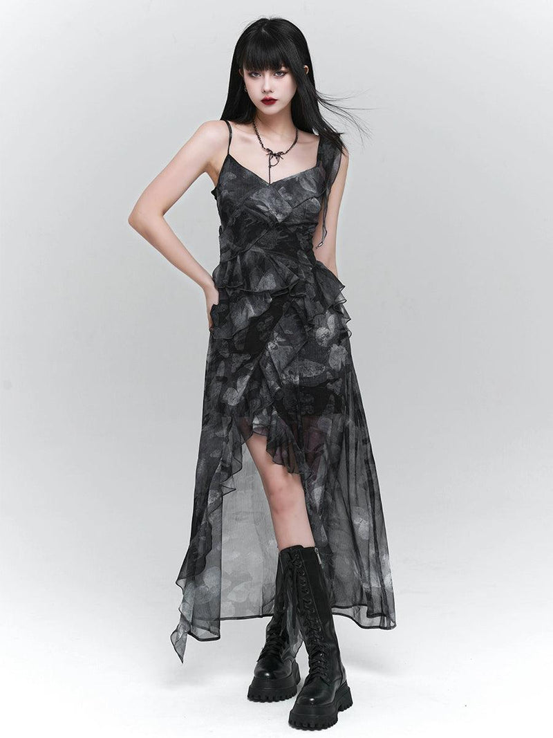 Ladyghost Dark Glamour Asymmetrical Maxi Dress - Sheer Print Ruffle Dress With High Slit