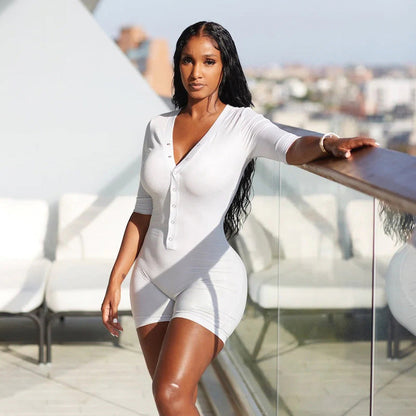 Street Color Basic Slim V Neck Single Row Buckle Mid Sleeve Jumpsuit