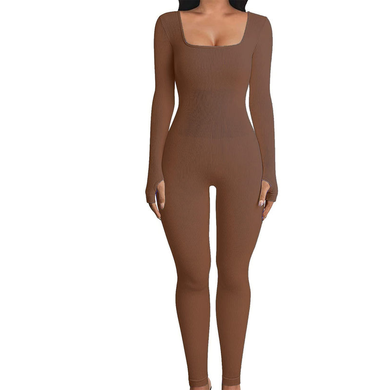 Clothing Jumpsuit Autumn Winter Thread Square Collar Hip Raise Slim Fit Jumpsuit