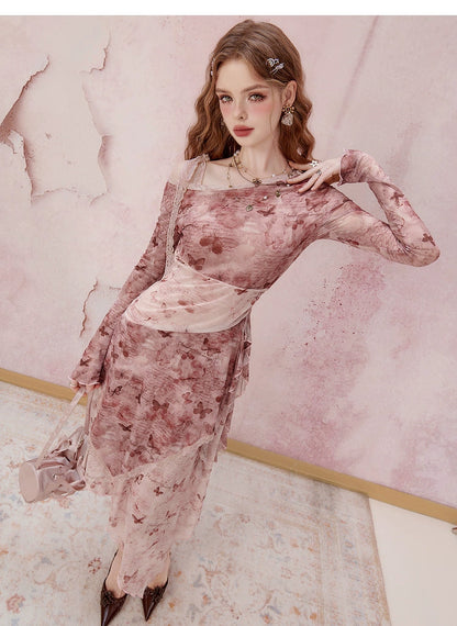 Pink Long Sleeve Midi Dress
