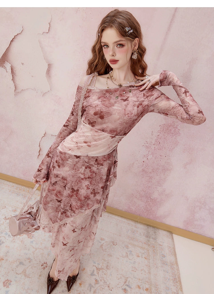 Pink Long Sleeve Midi Dress