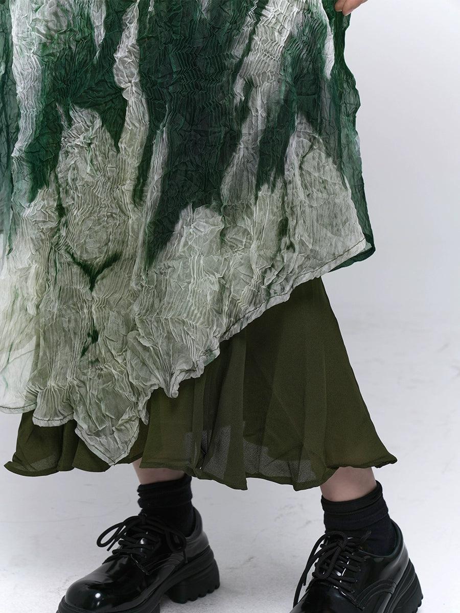 Ladyghost Forest Sprite Layered Maxi Dress - Green Ombre Tie-dye Slip Dress With Asymmetrical Hem
