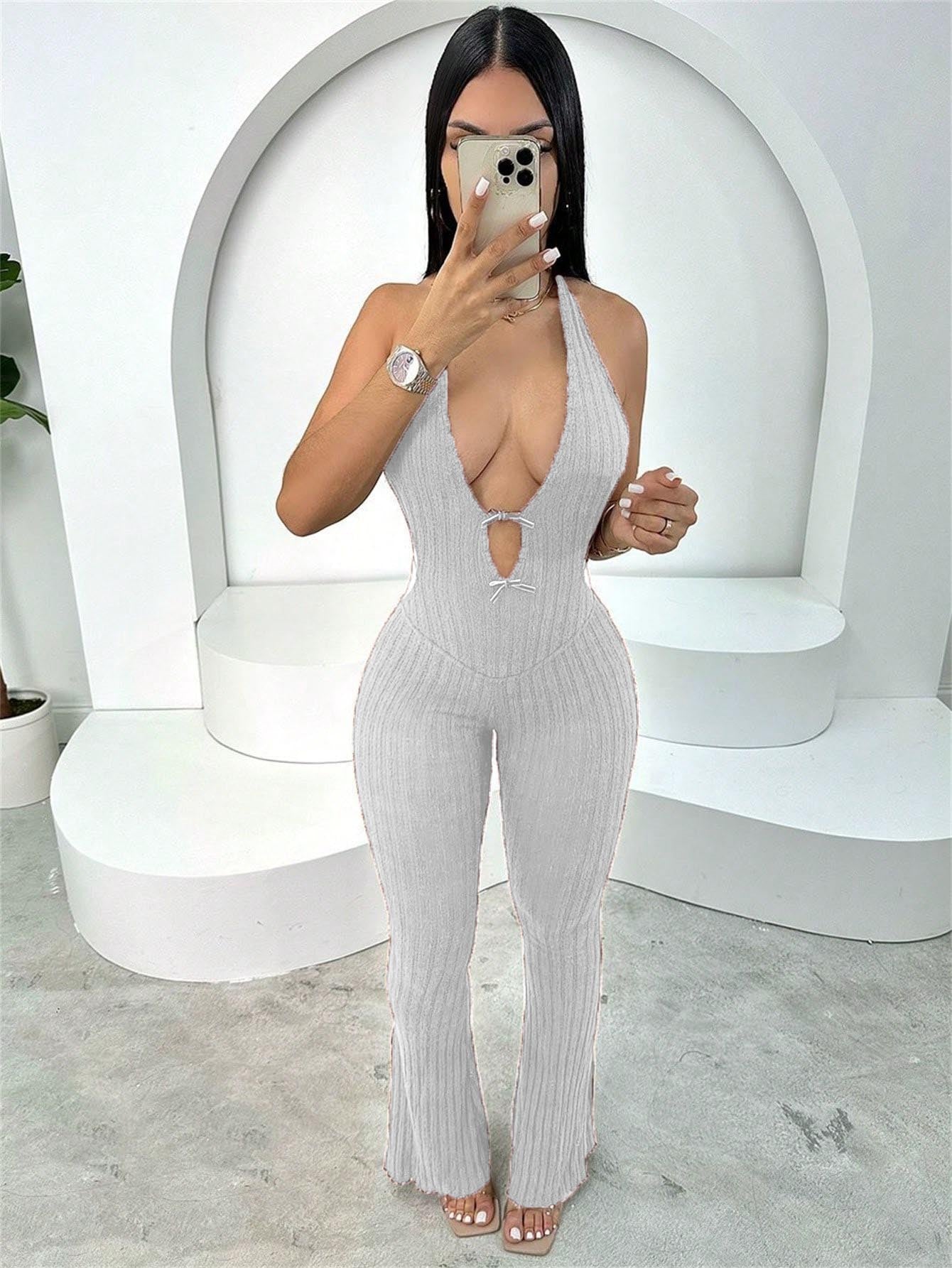 Summer Halter Slim Fit Lace Up Backless Jumpsuit Bell Bottom Pants Jumpsuit