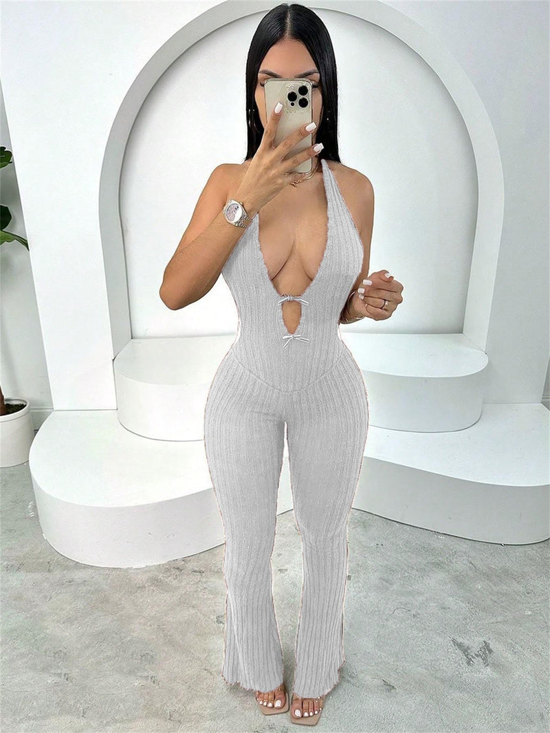 Summer Halter Slim Fit Lace Up Backless Jumpsuit Bell Bottom Pants Jumpsuit