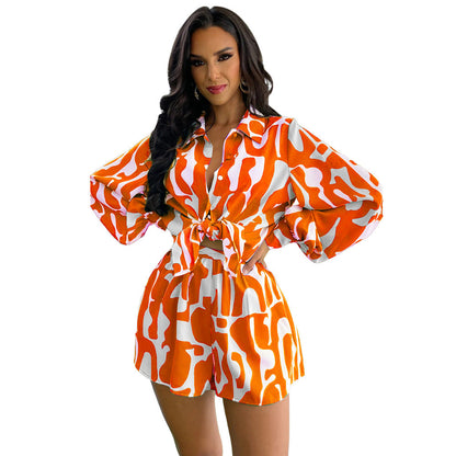 Loose Printed Long Shirt Shorts Suit Summer Two Piece Suit