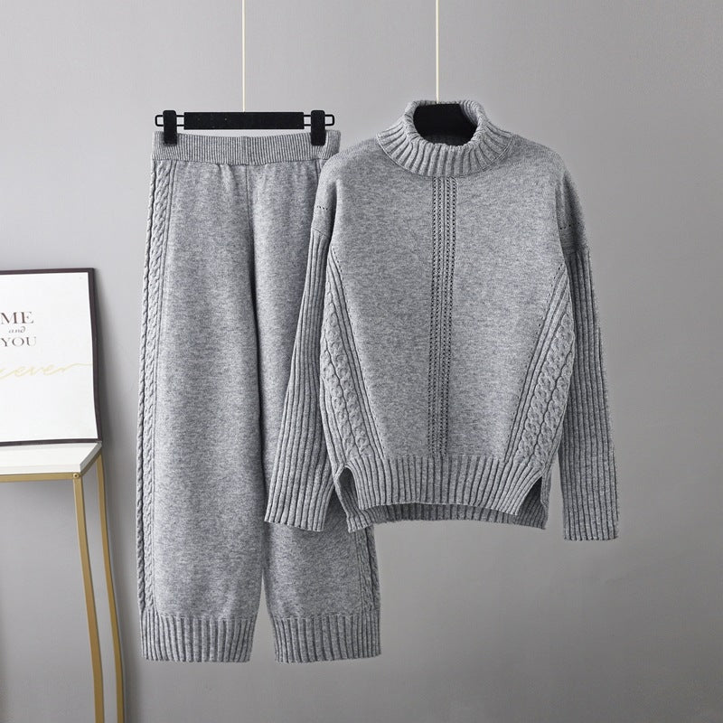 Turtleneck Pullover Thickened Knitting Sweater Set Autumn Winter Loose Idle Wide Leg Pants Two Piece Set