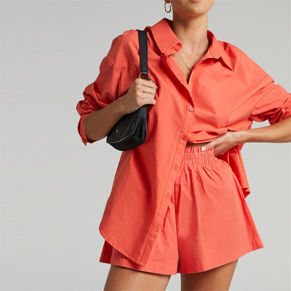 Spring Summer Two Piece Set Color Single Breasted Long Sleeve Collared Shirt Shorts Loose Set