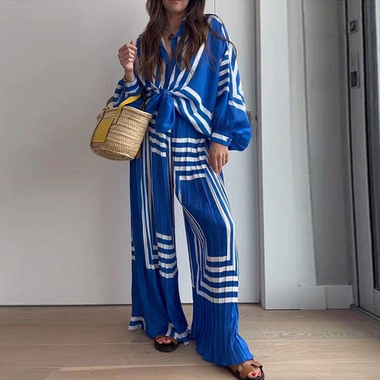 Spring Clothing Printed Long Sleeved Shirt Pleated Straight Wide Leg Pants Set