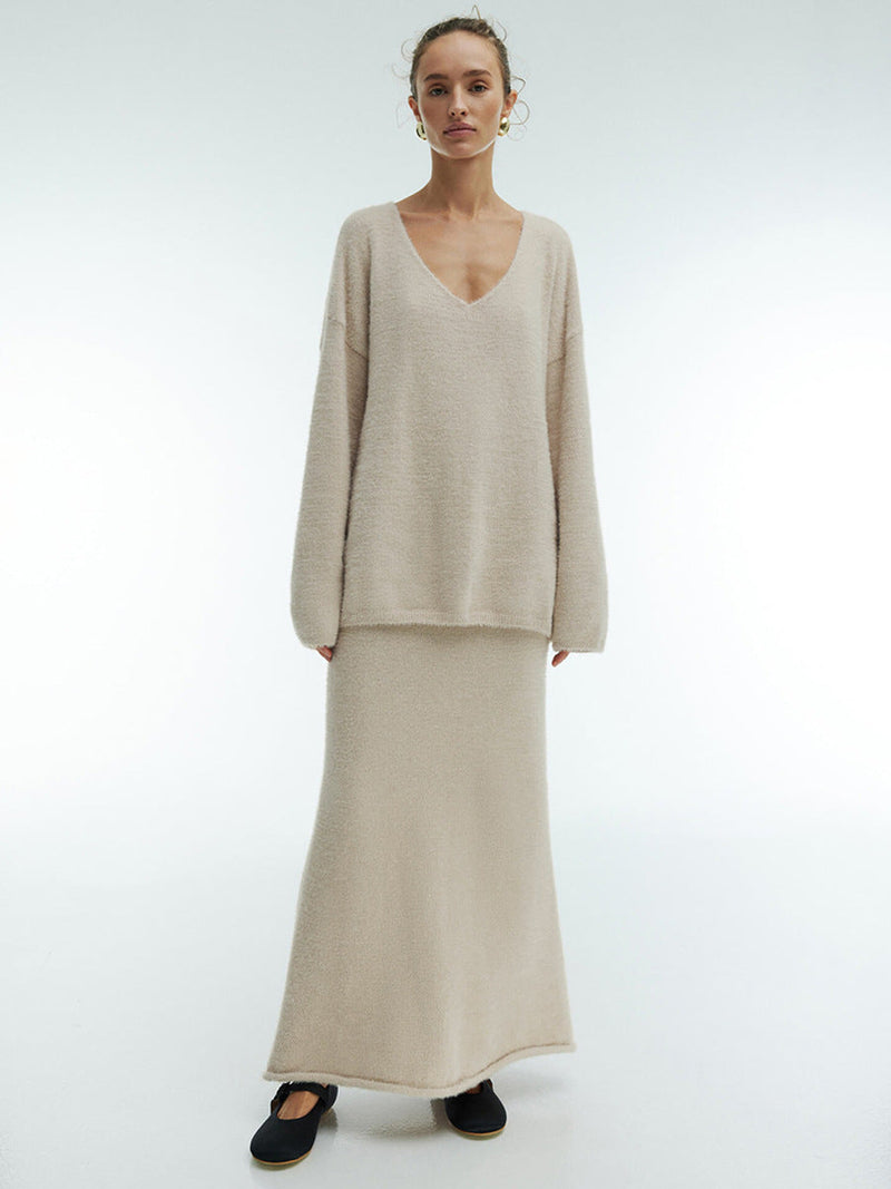 Sweater Suit Autumn Winter Office Simple Knitting V Neck Sweater Skirt Set