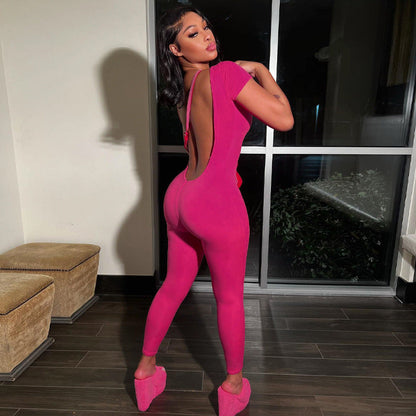 Summer Clothing Color Short Sleeve Backless Slim Fit Hip Lifting Sport Fitness Jumpsuit