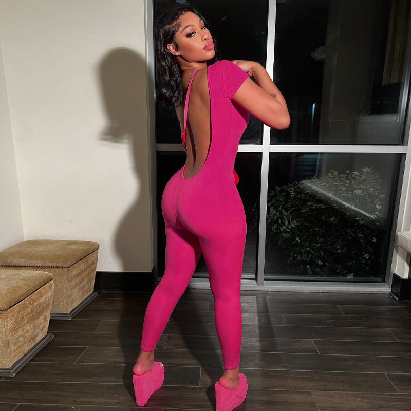 Summer Clothing Color Short Sleeve Backless Slim Fit Hip Lifting Sport Fitness Jumpsuit