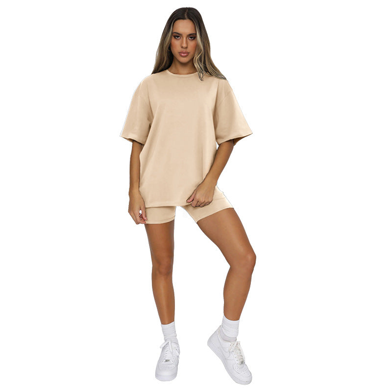 Summer Color Short Sleeve Round Neck Pullover Top Urban Shorts Suit