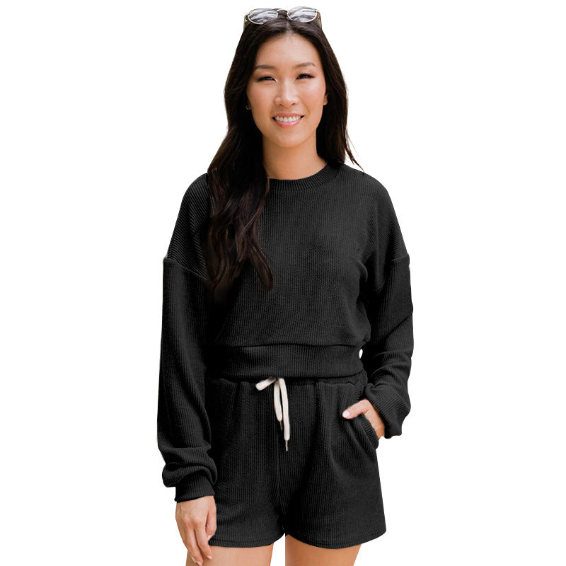 Autumn Winter Color Round Neck Pullover Long Sleeve Sweater Shorts Suit
