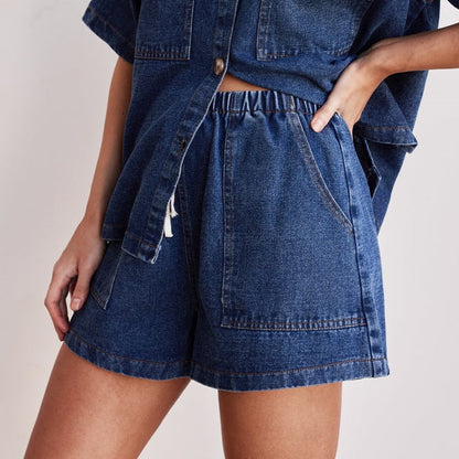 Retro Loose Pockets Short Sleeved Shirt Shorts Denim Two Piece Sets