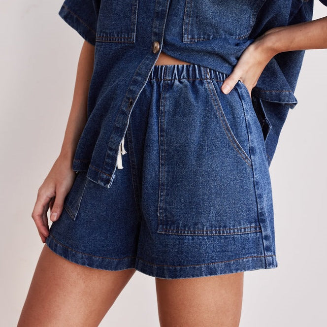 Retro Loose Pockets Short Sleeved Shirt Shorts Denim Two Piece Sets