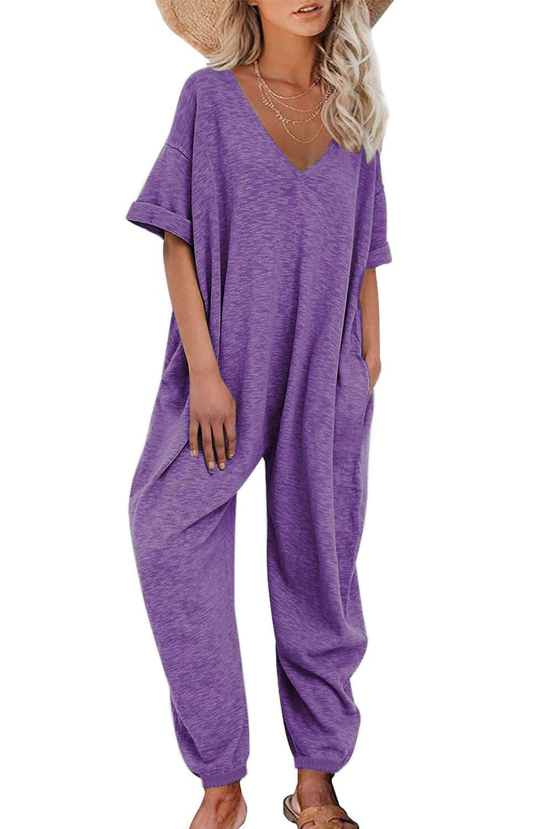 V Neck Jumpsuit Short Sleeve Length Jumpsuit Ankle Tied Loose Overalls