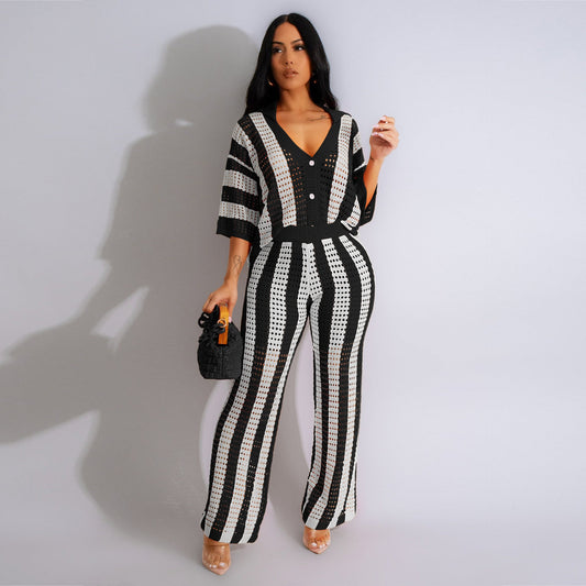 Clothing V Neck Hollow Out Cutout Striped Collared Knitted Wide Blouse Pants Sets