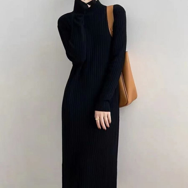 Autumn Winter Mock Neck Sweater Mid Length Below the Knee Coat Base Ride Tassel Dress Swing Knitted Dress