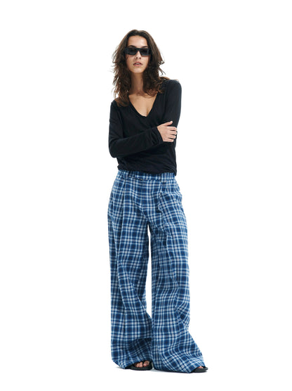 Wide-leg Plaid Pants