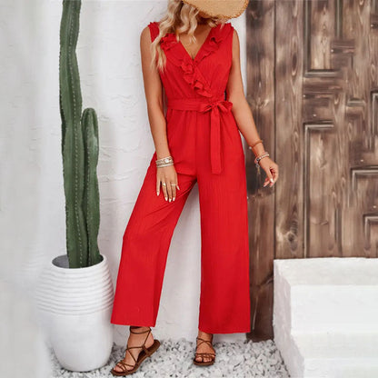 Jacquard Striped Ruffled Wide Leg Pants Belt Straight Sleeveless Pants Jumpsuit