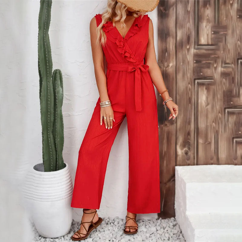 Jacquard Striped Ruffled Wide Leg Pants Belt Straight Sleeveless Pants Jumpsuit