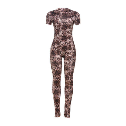 Autumn Winter Backless Slim Fit Leopard Print Personality Short-sleeved Jumpsuit Clothing
