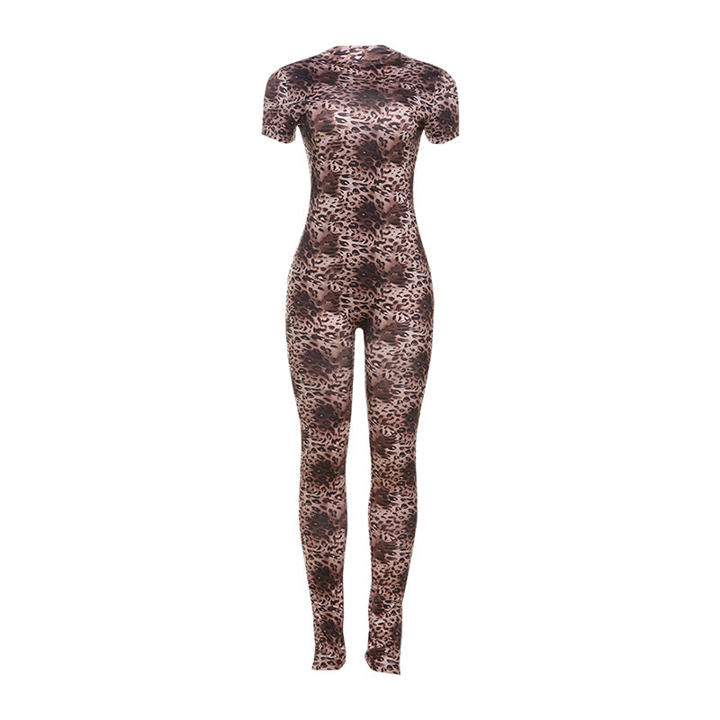 Autumn Winter Backless Slim Fit Leopard Print Personality Short-sleeved Jumpsuit Clothing