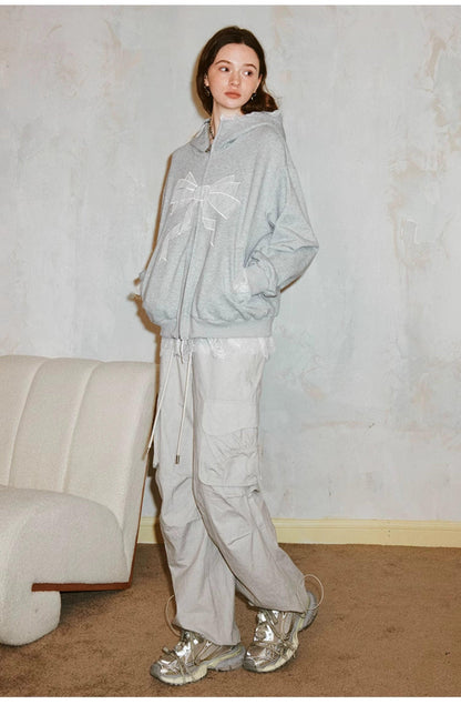 Diddi Moda Bow Print Hoodie - Gray Zip-up Sweatshirt With Lace Trim and Graphic Design