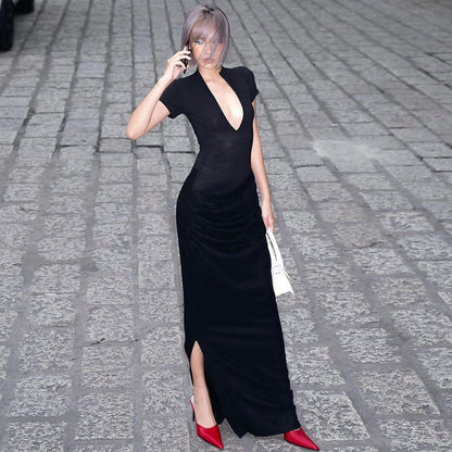 Winter Clothing Deep V Plunge Short Sleeve Color Pleated Maxi Dress