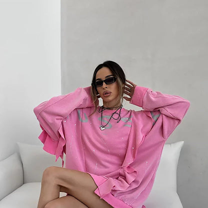 Street Round Neck Mid Length Loose Lotus Leaf Sweatshirt Summer Dopamine Printing Sweatshirt Top