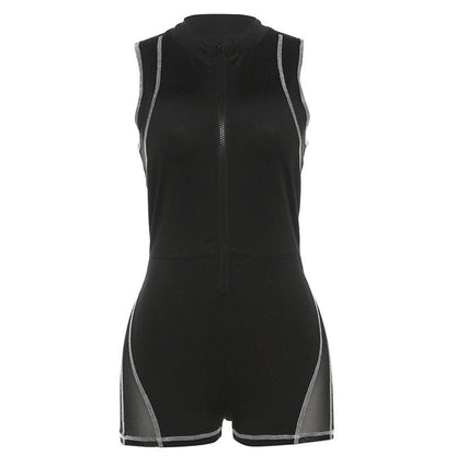 Clothing Autumn Winter Round Neck Zipper Sleeveless Stitching See Through Tight Hip Lifting Jumpsuit