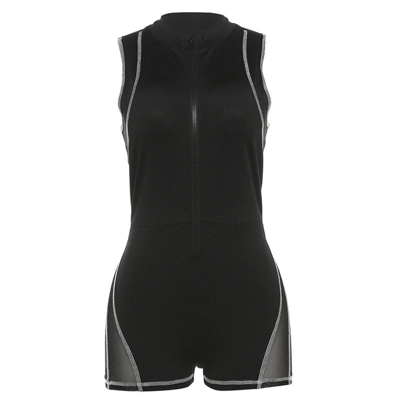 Clothing Autumn Winter Round Neck Zipper Sleeveless Stitching See Through Tight Hip Lifting Jumpsuit