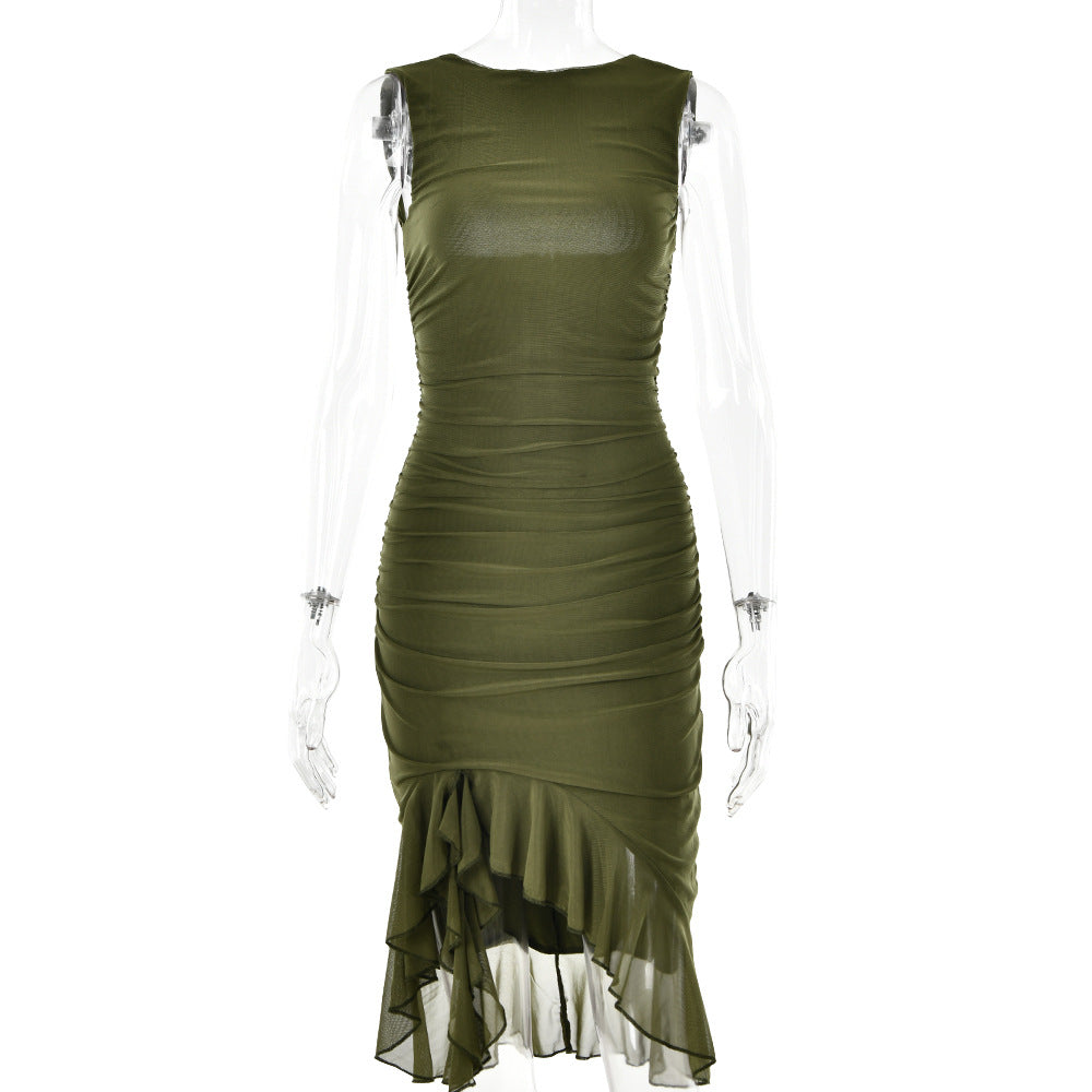 Spring Summer Round Neck Sleeveless Dress Tight Backless Pleated Midi Dress