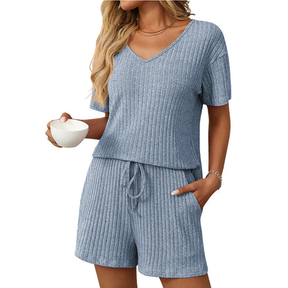 Clothing Summer Color Rib Fabric Short Sleeved Two Piece Pant Sets